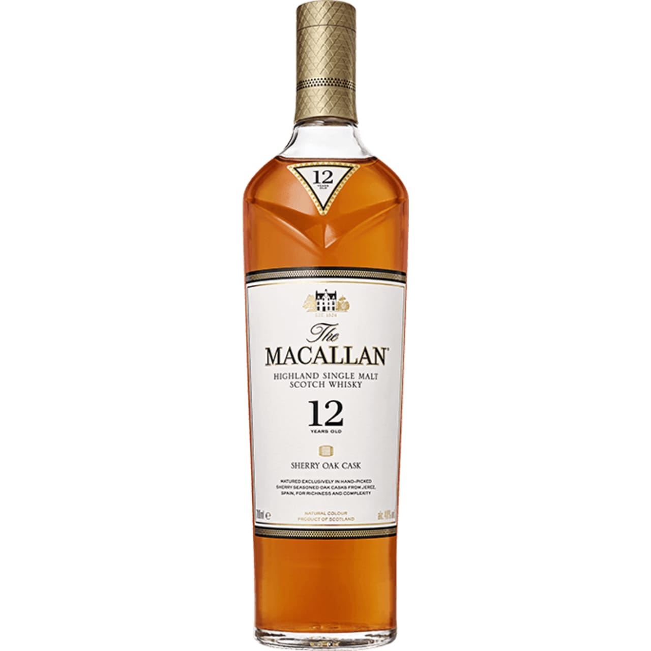 A sherry wood matured 12 Year Old single malt from Macallan, a superbly balanced affair. It's rich in colour and tastes deliciously smooth – dried fruits and sherry balanced withwood smoke and spice with a finish of sweet toffee.