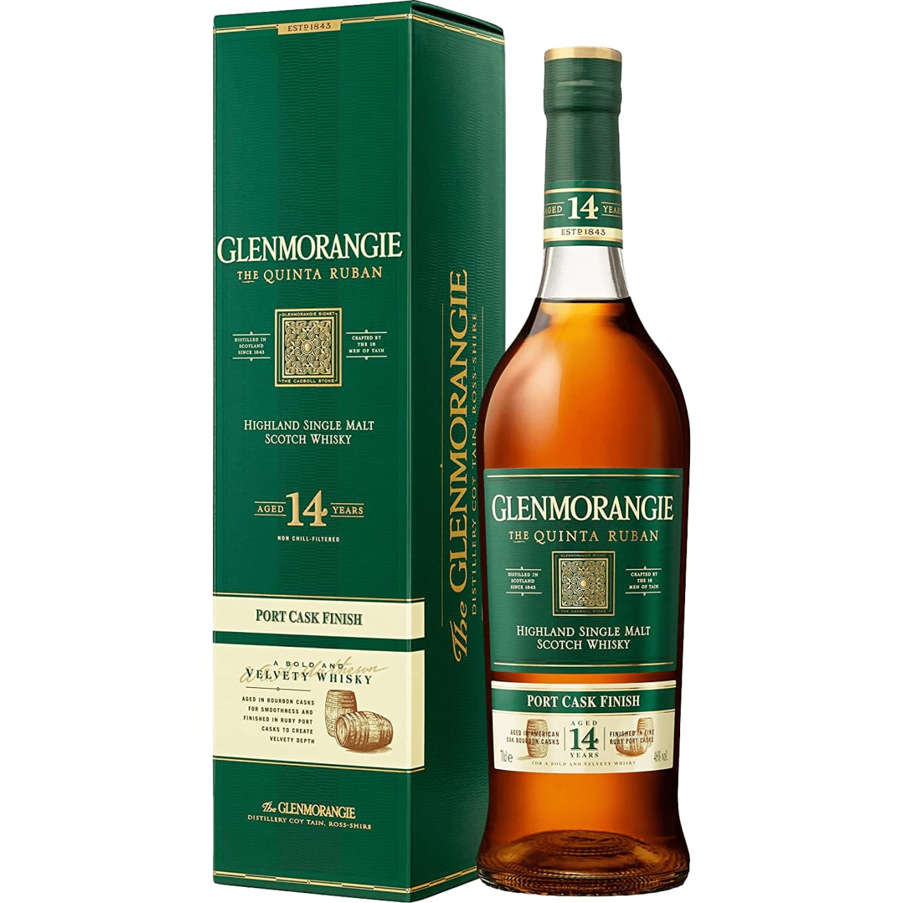 The darkest and most intense whisky in the extra-matured range, Glenmorangie Quinta Ruban has spent 10 years maturing in American white oak casks, before being transferred into specially selected ruby port pipes from the Quintas or wine estates of Portugal. Extra maturation in these port pipes develops Glenmorangie Quinta Ruban into a voluptuous spirit with a complex balance of sweet and dry flavours and an intriguing contrast of smooth and crisp, cooling textures.