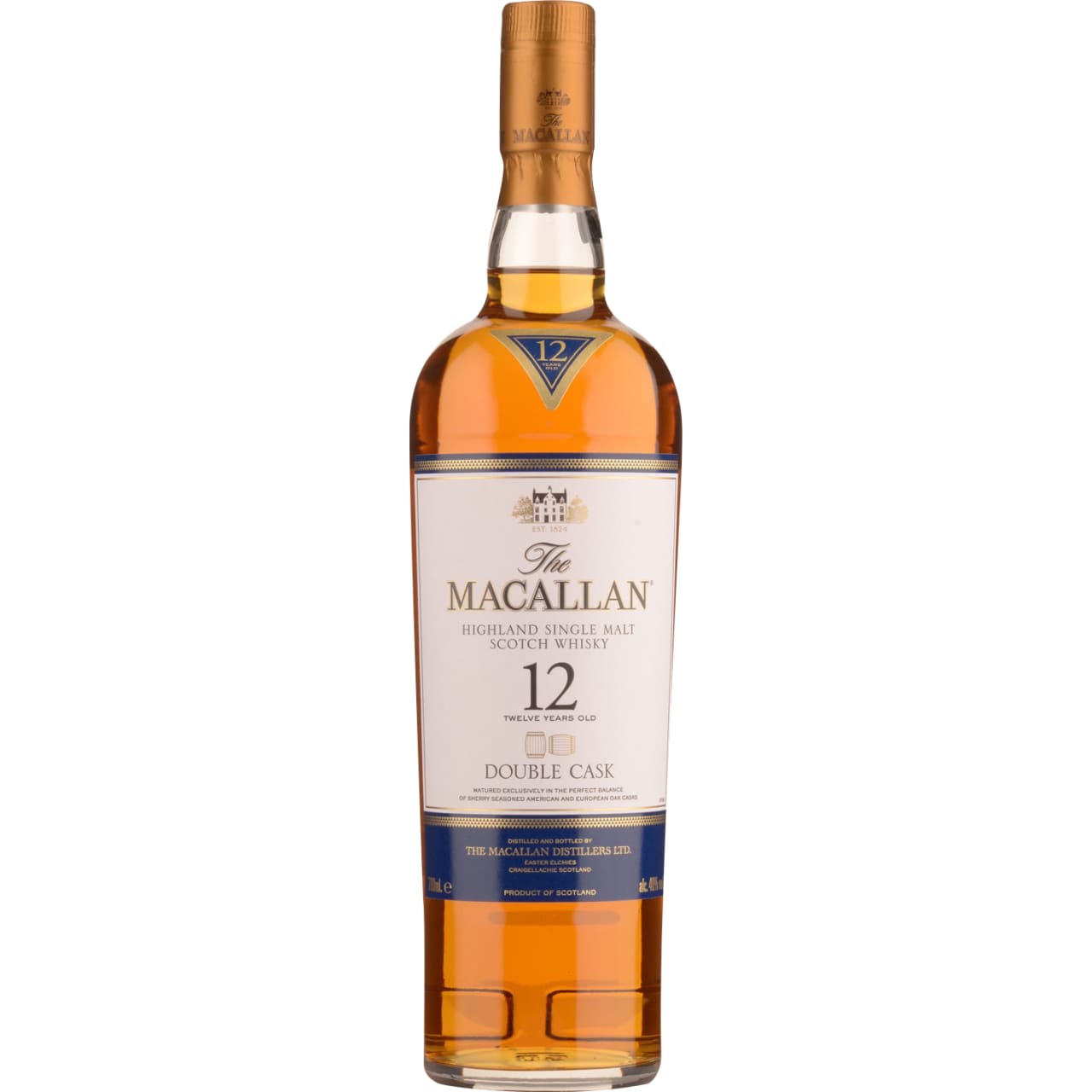 Macallan 12 Year Old Double Cask has been aged in a combination of American oak and ex-sherry casks. This is a rich whisky which combines fruity citrus and caramel with spicy ginger and nutmeg.