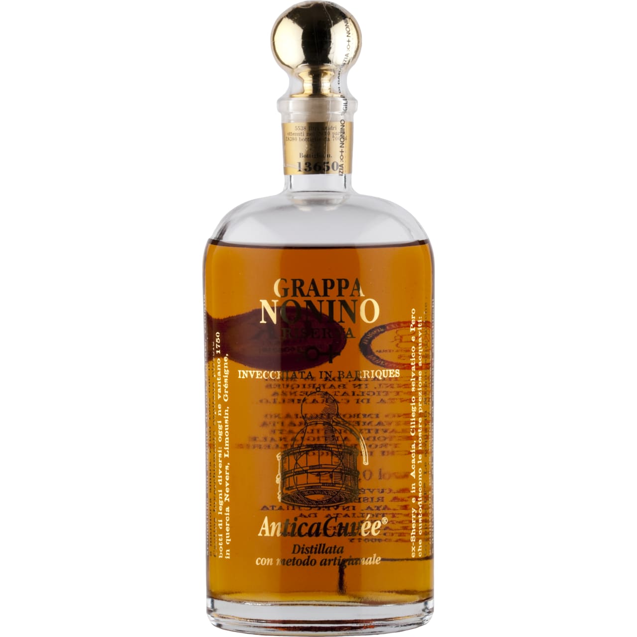 Compared to most fiery grappa, this one, aged 18 months, enters aged brandy territory. It has a bright topaz hue and a big, butterscotch flavor accented by clove and hot cinnamon sparks, with a drying feel.