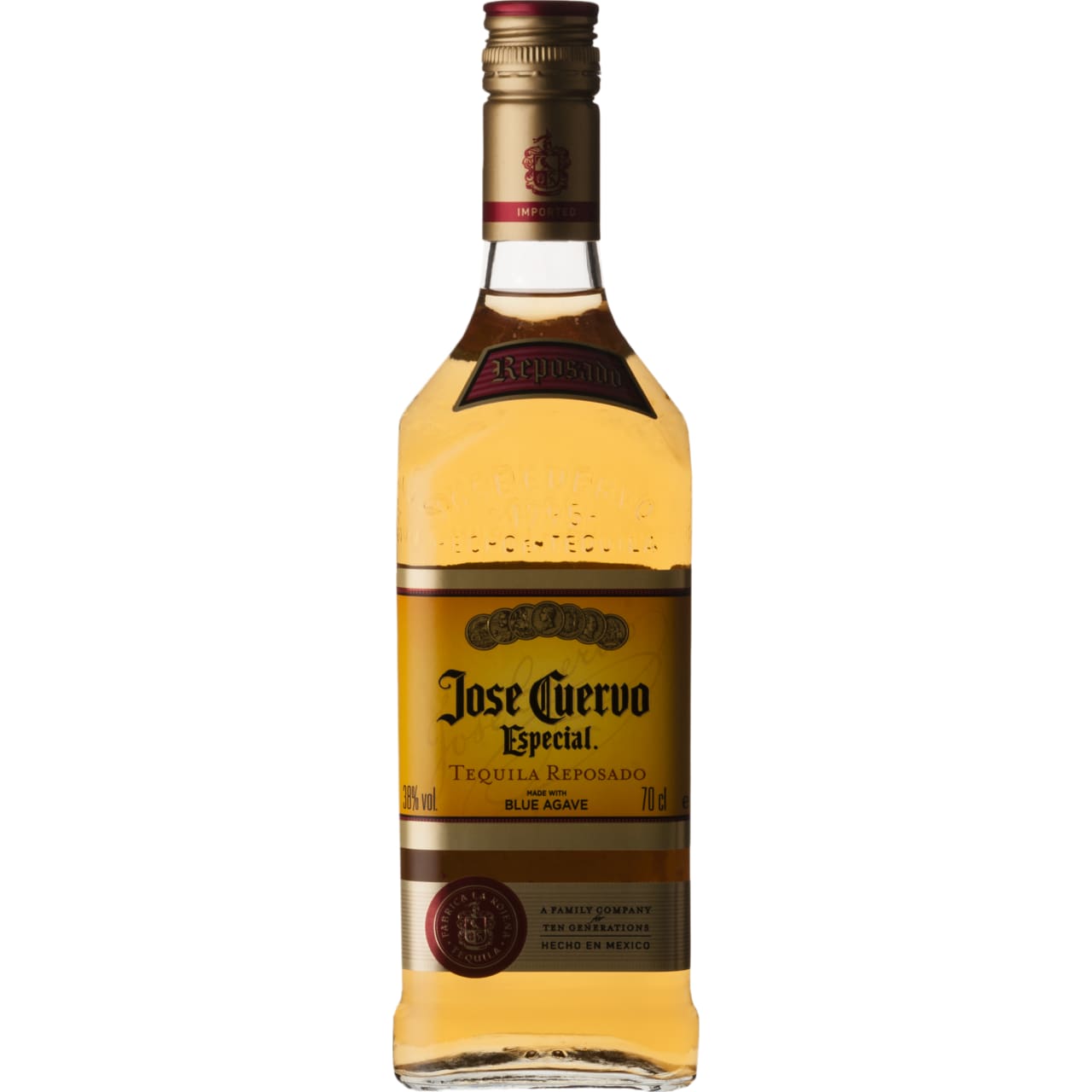 This gold tequila from Jose Cuervo is made from Blue Agave and a blend of Reposado and other high-quality aged Cuervo tequilas.