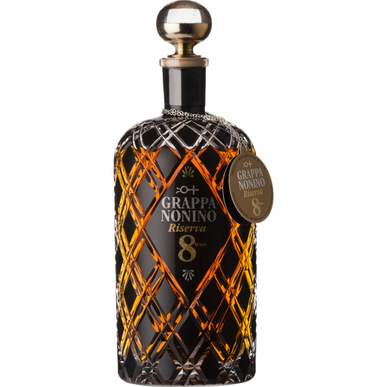 Grappa Riserva 8 Years by Nonino is a blend of Monovitigno grappas made from Schioppettino, Chardonnay and Merlot grapes that ages for 8 years in French Limousin and Nevers oak barrels and in small ex-Sherry barrels under seal and control of the Agenzia delle Customs and Monopolies.