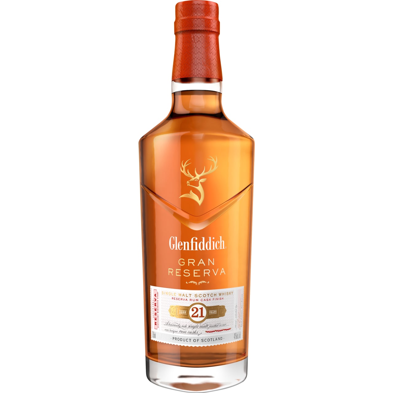 The award winning Glenfiddich 21 year old has been aged in casks that once contained premium Caribbean rum - and these are used to finish this 21 Year Old expression. This dark gold single malt has a sweet vanilla aroma. On the palate it offers a complex mix of citrus and spice flavours and even a touch of smoke. Its finish is very long, dry and spicy.