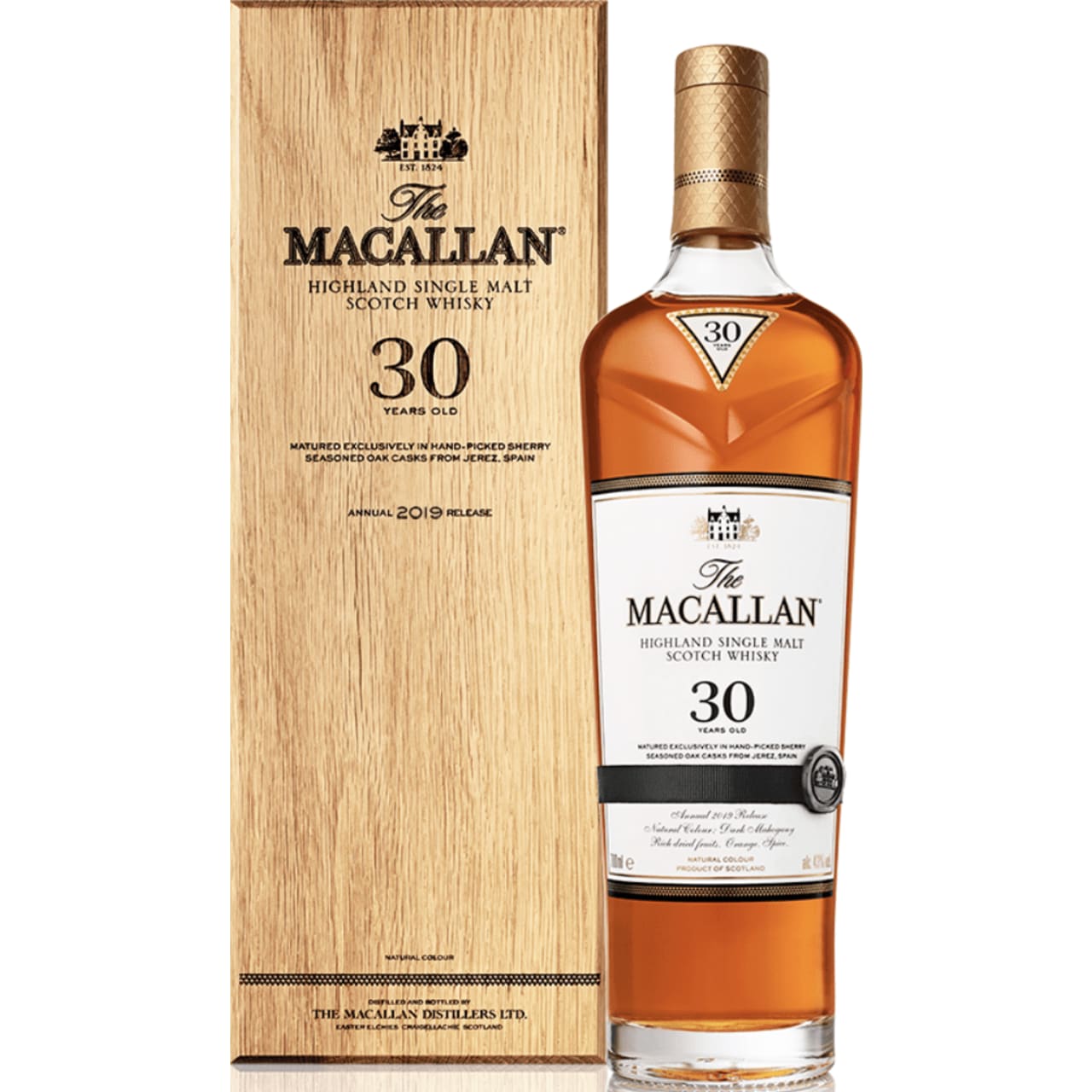 Matured exclusively in hand-picked sherry casks from Jerez, Spain, the 2020 release of Macallan 30 Year Old Sherry Oak is a rich and spicy single malt with aromas of clove-studded orange, nutmeg and toasted oak on the nose.