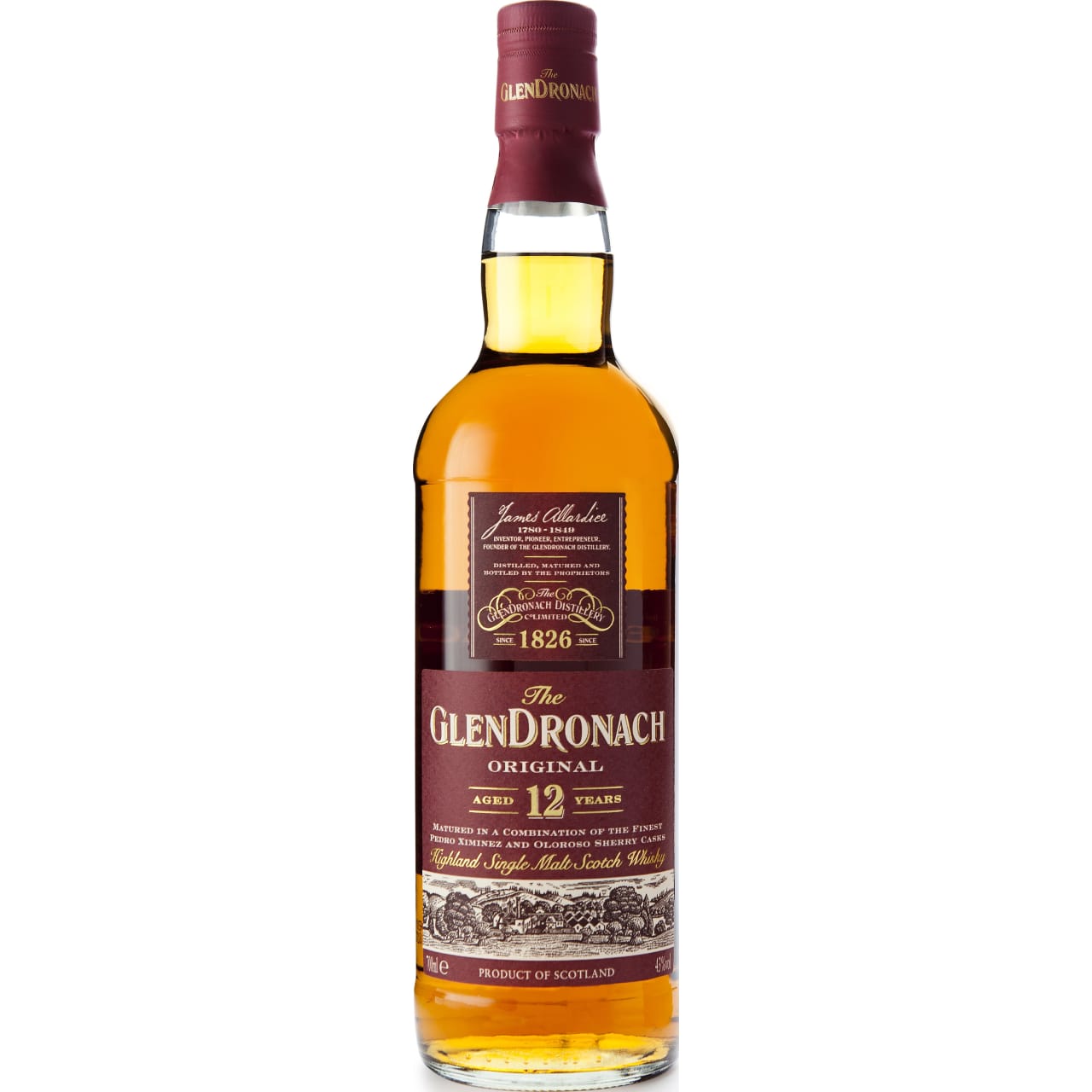 This superb richly sherried single malt is matured for at least 12 years in a combination of the finest Spanish Pedro Ximenez and Oloroso sherry casks. The Glendronach 12 year old Original is a sweet, creamy dram bottled at 43% ABV and natural in colour.